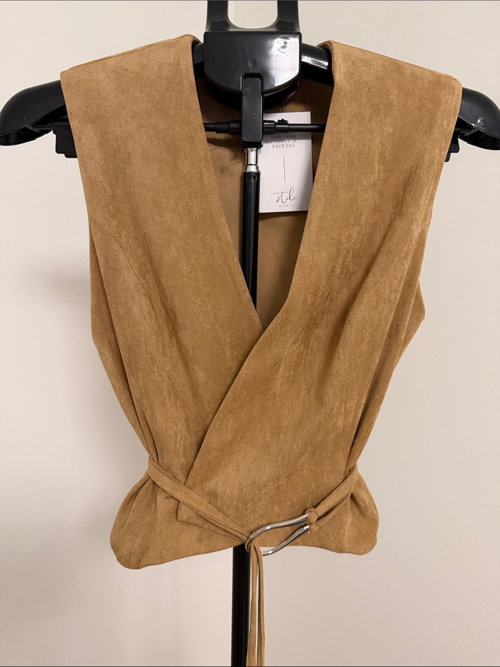 Suede Wrap Belted Vest in Camel